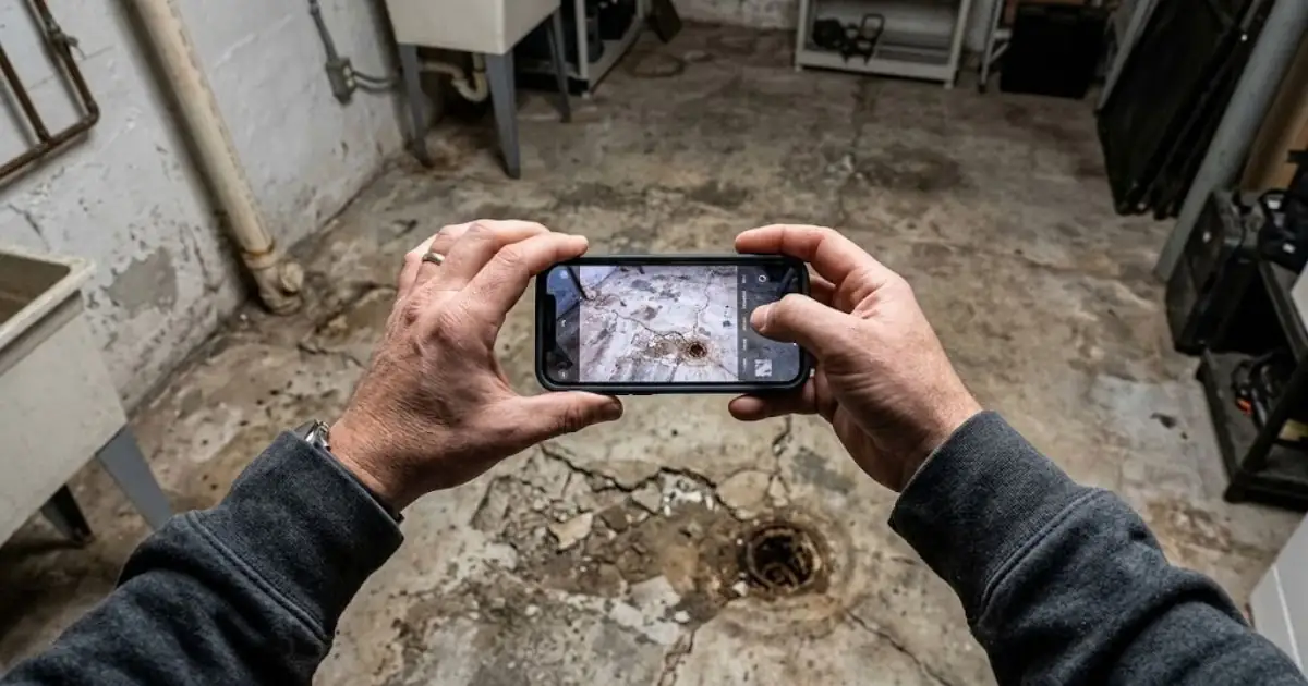 Hands photographing a damaged basement floor drain with a phone