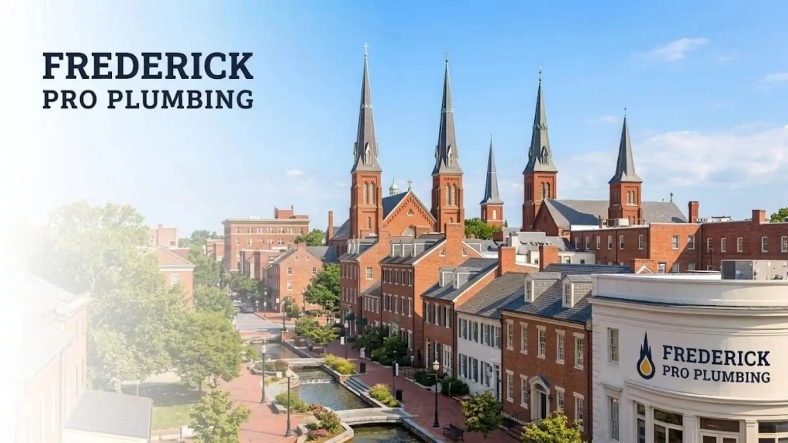 Church spires above brick buildings and a canal walkway in downtown Frederick, with the Frederick Pro Plumbing logo