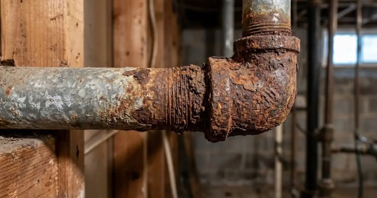 Rusted galvanized pipe elbow with heavy corrosion