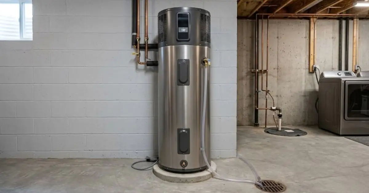Tall heat pump water heater in a basement