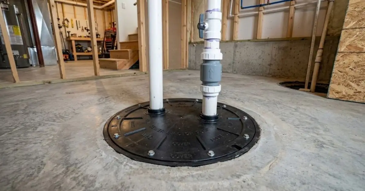 Sealed sewage ejector basin lid with vent pipe in an unfinished basement