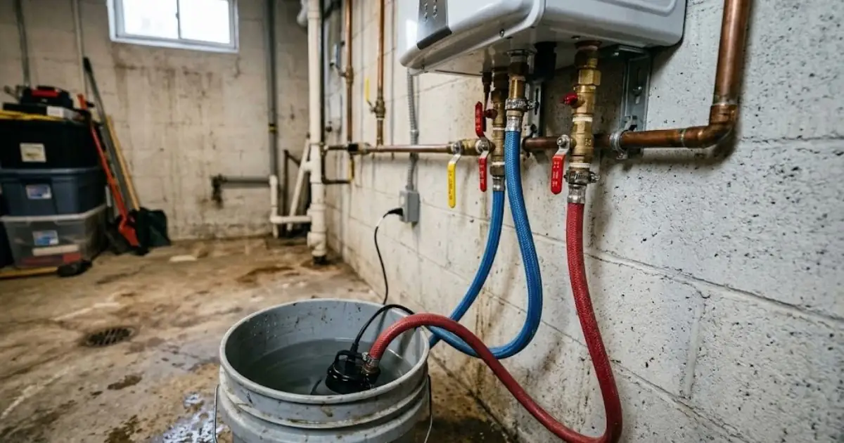 Tankless water heater with blue and red flush hoses running to a bucket